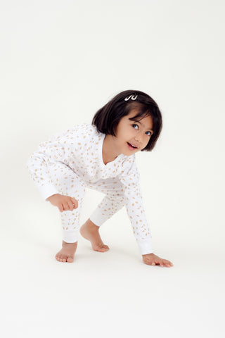 Organic Cotton Kids Long John PJ Set - AUTUMN LEAVES GOLD