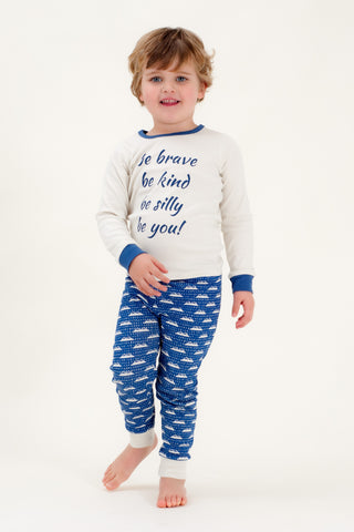 Organic Cotton Kids Long John PJ Set - BE BRAVE NAVY