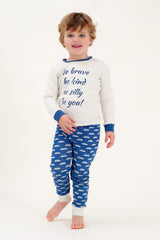 Organic Cotton Kids Long John PJ Set - BE BRAVE NAVY