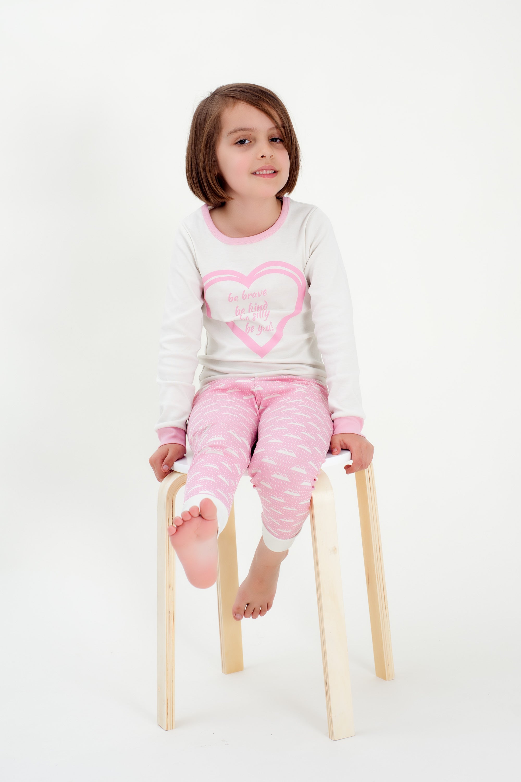 Organic Cotton Kids Long John PJ Set - BE BRAVE CANDYPINK